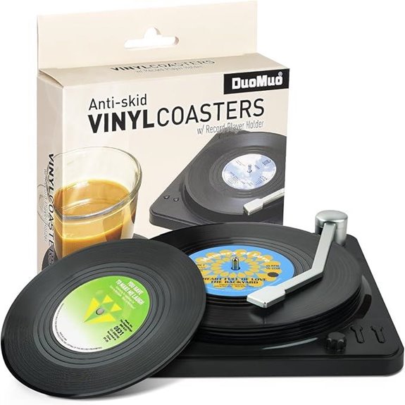 Funny Retro Record Coasters Set of 6 with Vinyl Player Holder